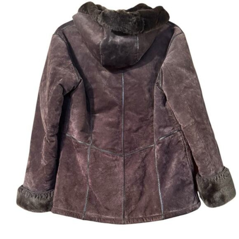 Brown Suede Hooded Coat Jacket with Faux Fur Trim, Women's - Picture 2 of 8